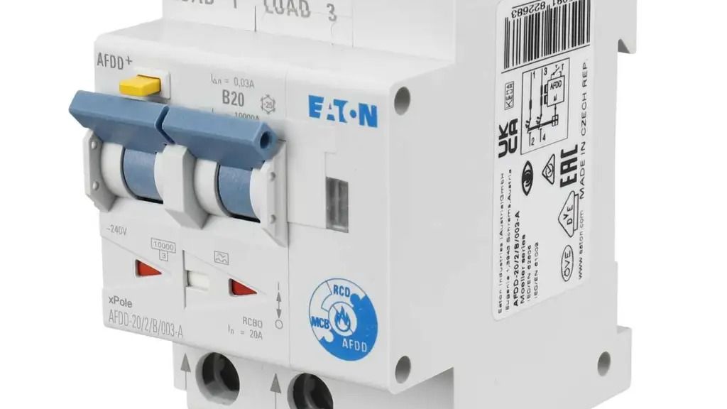 Close-up of a combined AFDD and RCBO, 20 A and 30 mA, with its arc fault, RCD and circuit breaker markings
