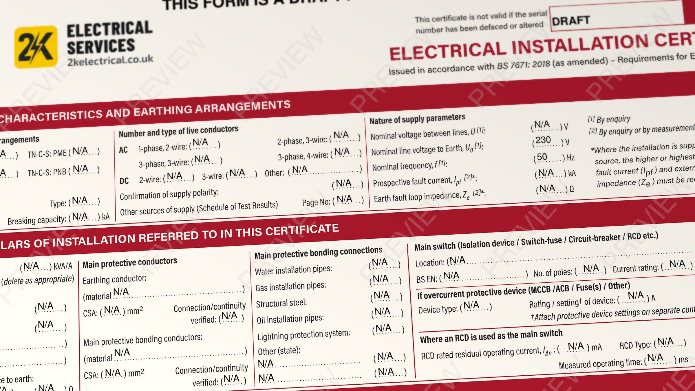 A page of a blank Electrical Installation Certificate form seen at an angle, with the supply characteristics and earthing arrangements sections and the 2K Electrical Services logo