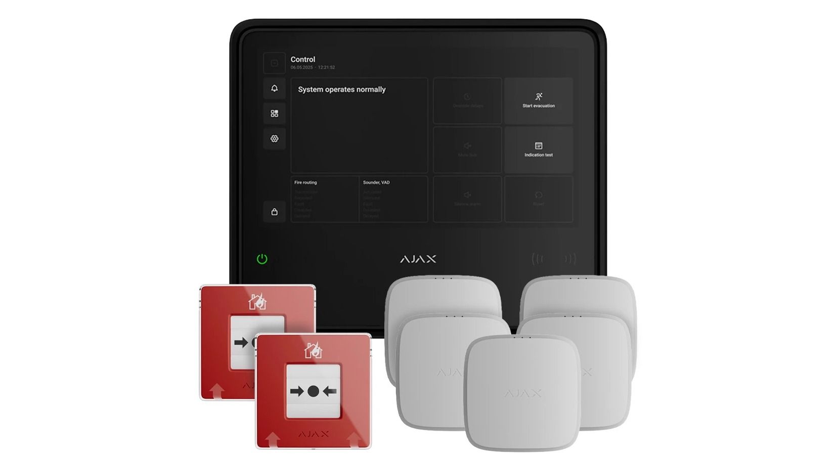 A wireless fire alarm system: a control panel, two red manual call points and white ceiling detectors