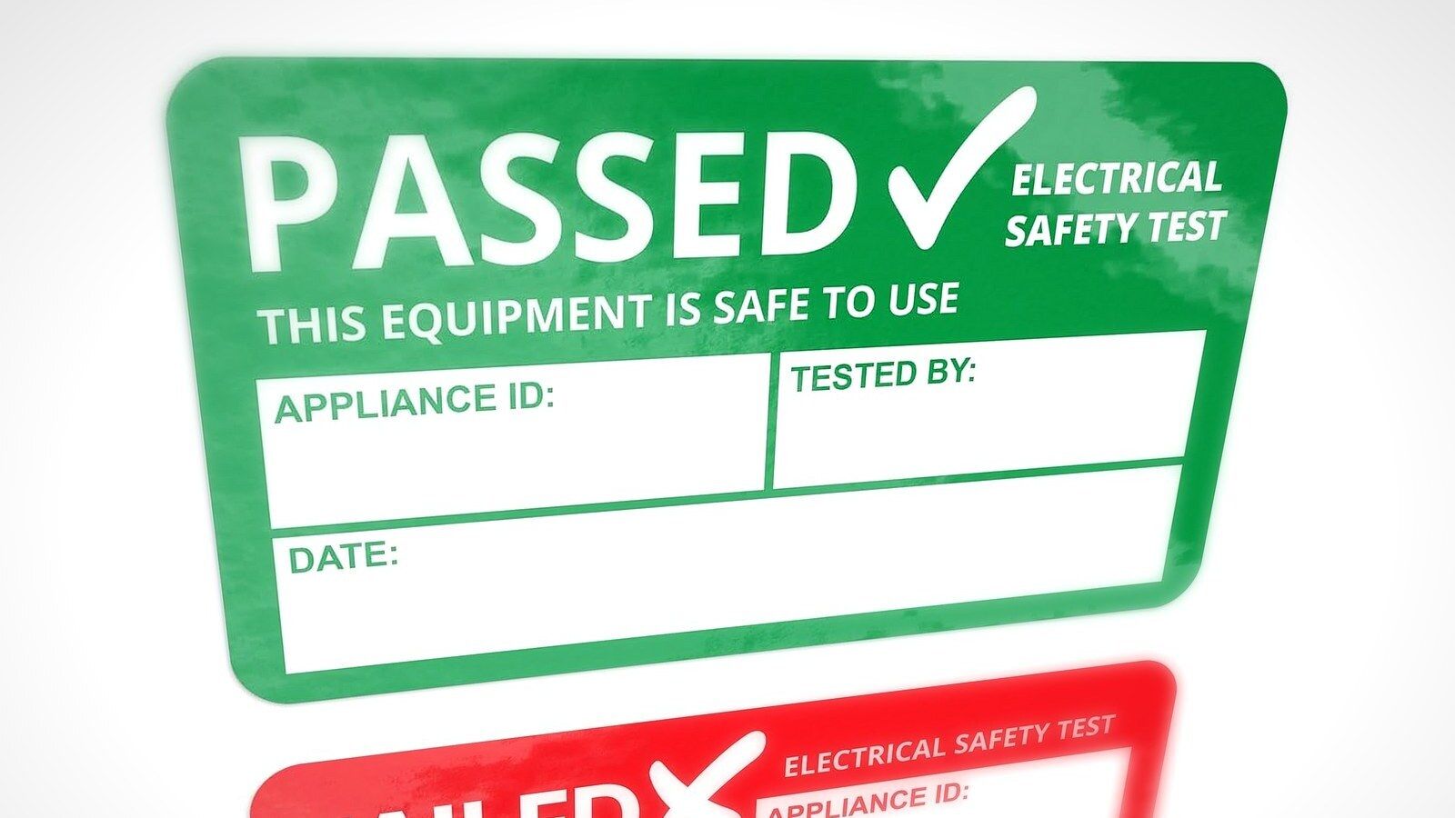 PAT test labels seen at an angle, a green PASSED label reading This equipment is safe to use above a red FAILED label reading Do not use