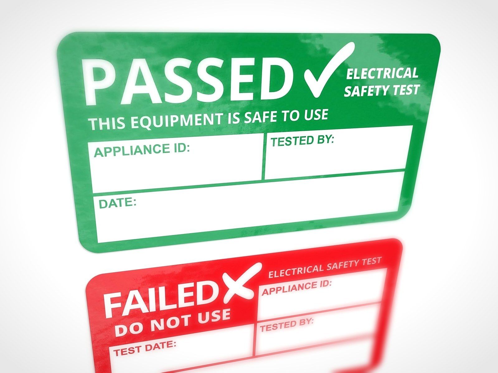 PAT test labels seen at an angle, a green PASSED label reading This equipment is safe to use above a red FAILED label reading Do not use