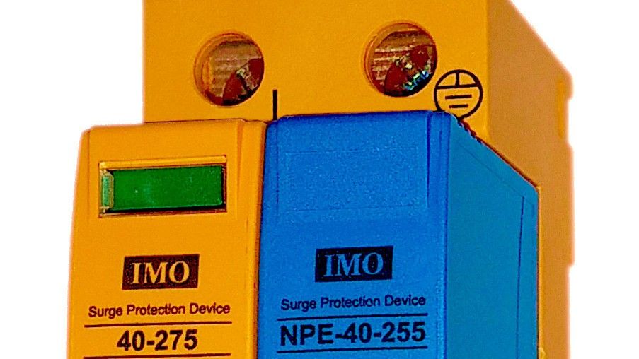 An orange IMO surge protection device module with a green status window, beside its blue neutral-to-earth module